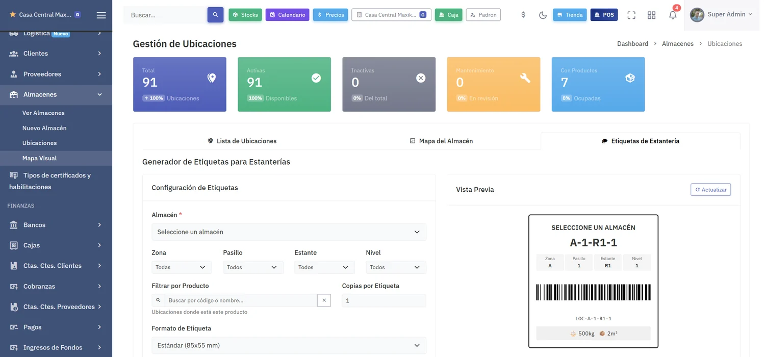 Generador de etiquetas de estantería con selección de almacén, zona, pasillo, estante y nivel, formato de etiqueta y vista previa con código de barras