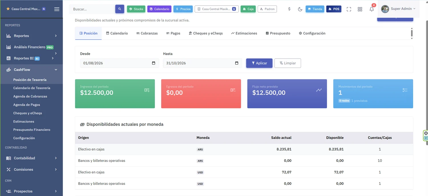 Posición de tesorería con ingresos, egresos y flujo neto previsto del período, y el detalle de disponibilidades actuales por moneda separando efectivo en cajas de bancos y billeteras
