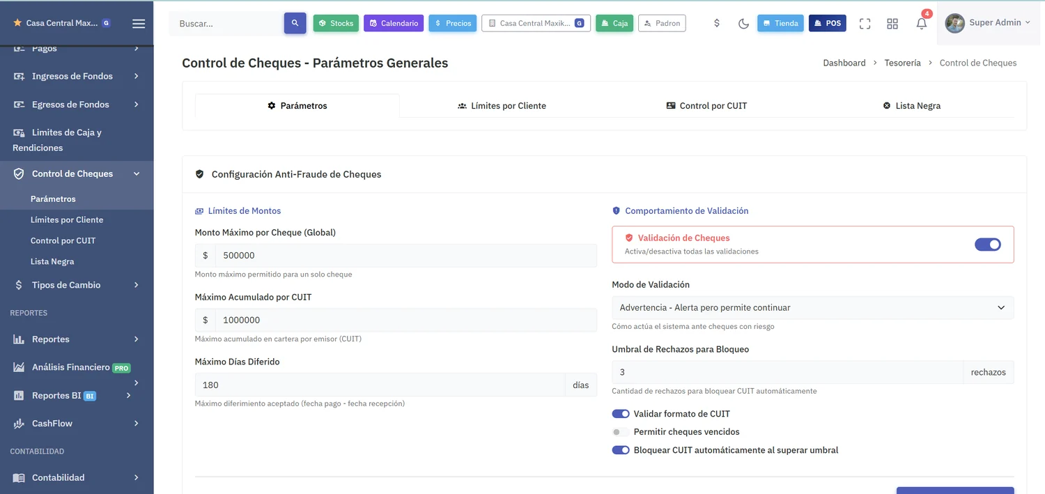 Configuración anti-fraude de cheques con monto máximo por cheque, máximo acumulado por CUIT, máximo de días diferidos, modo de validación y umbral de rechazos para bloqueo automático
