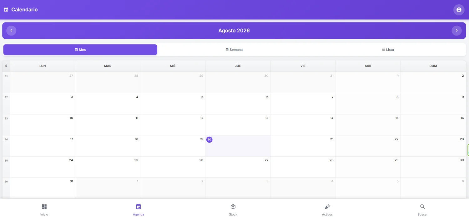 Aplicación PDA Eventos: facturado del mes, eventos de hoy, en curso y vencidos, con agenda y stock