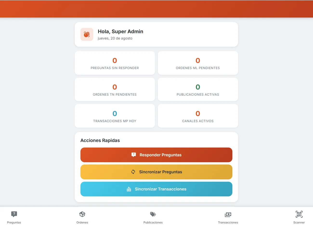 Aplicación PDA Marketplace: preguntas sin responder, órdenes de Mercado Libre y Tienda Nube pendientes, publicaciones activas y transacciones de Mercado Pago del día