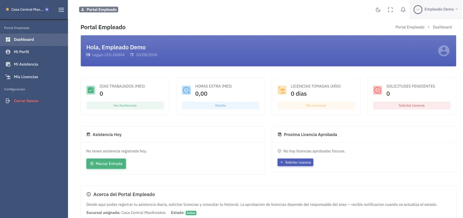Portal Empleado: días trabajados, horas extra, licencias tomadas y solicitudes pendientes, con marcar entrada y solicitar licencia