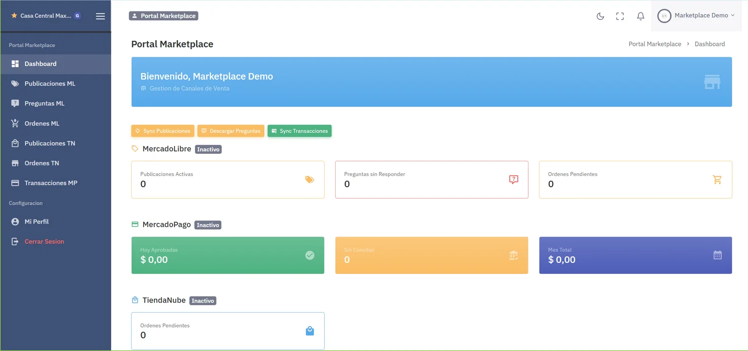 Portal Marketplace: Mercado Libre, Mercado Pago y Tienda Nube en una misma pantalla, con publicaciones activas, preguntas sin responder, órdenes pendientes y transacciones del día, y el estado de conexión de cada canal
