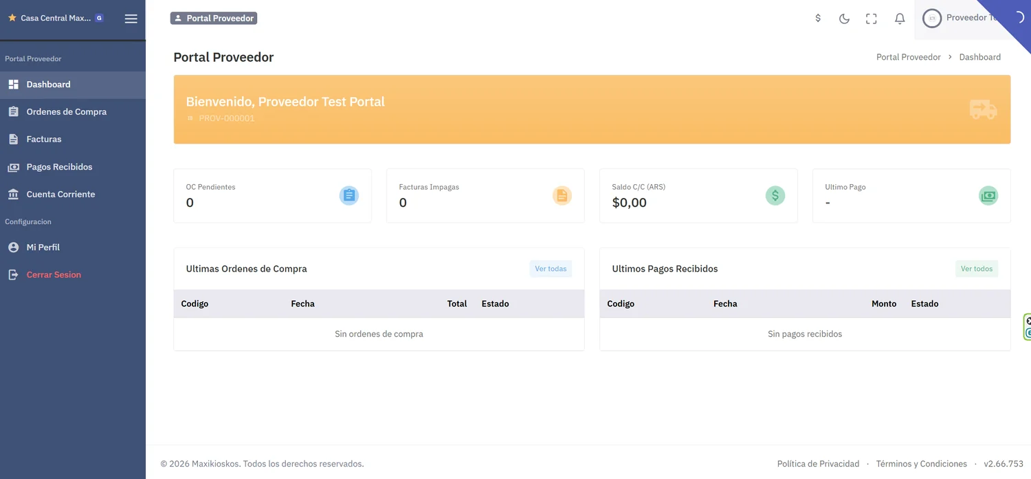 Portal Proveedor: órdenes de compra pendientes, facturas impagas, saldo de cuenta corriente y último pago