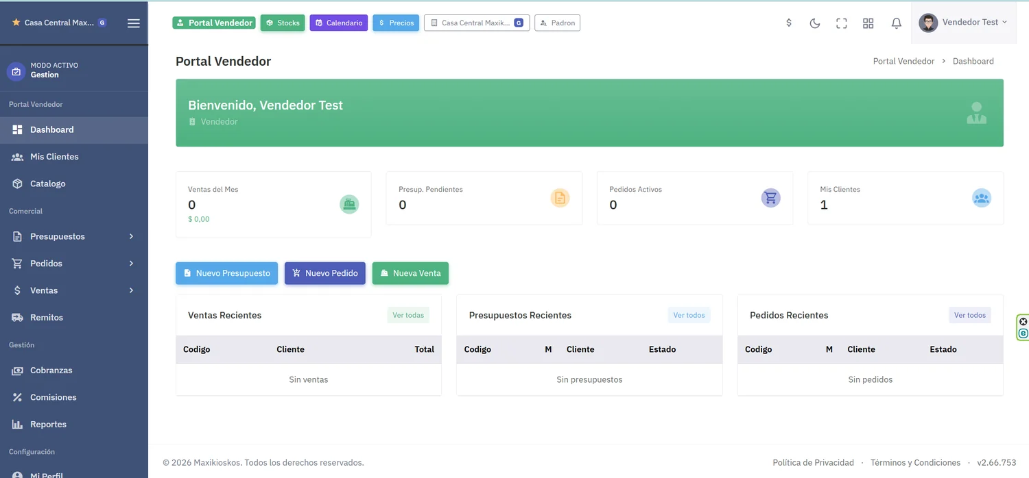 Portal Vendedor: ventas del mes, presupuestos pendientes, pedidos activos y cartera de clientes, con accesos para crear presupuesto, pedido o venta