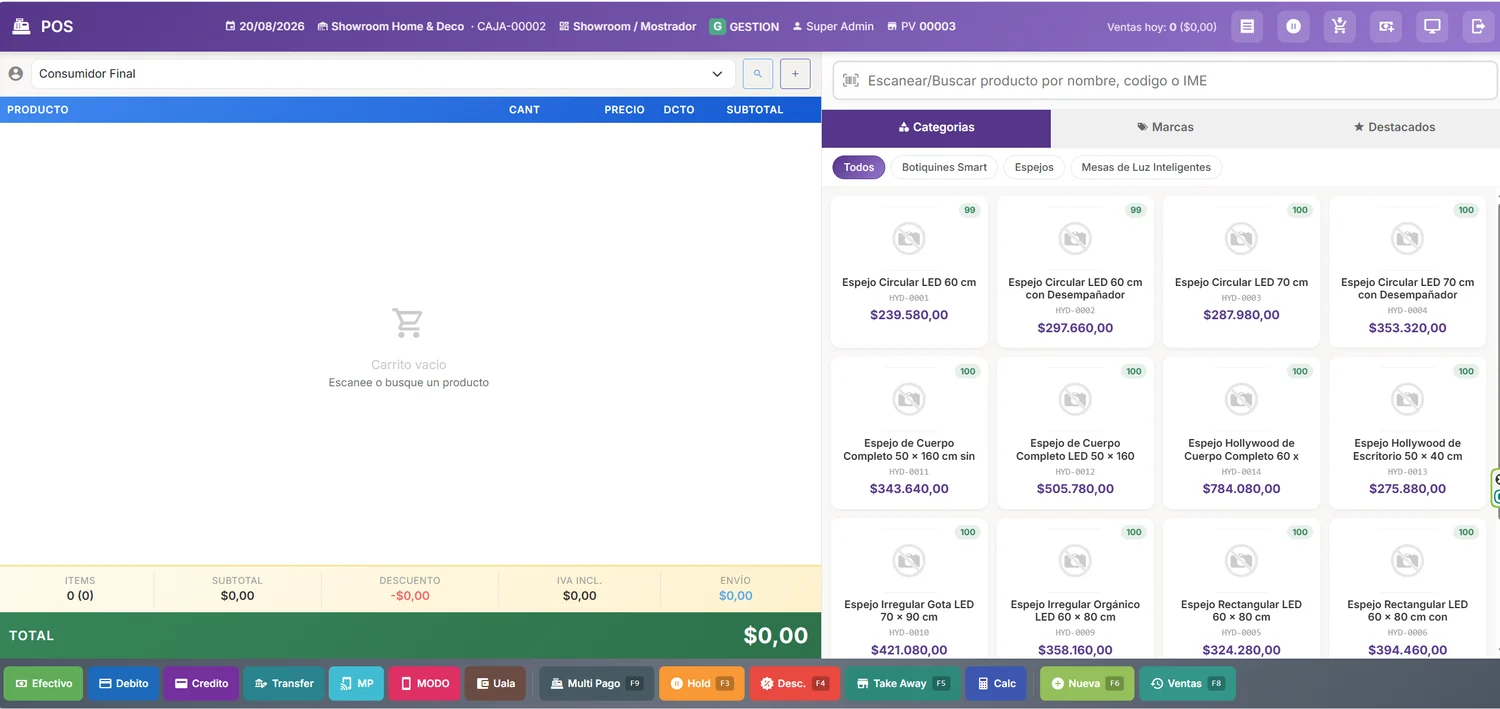 Consola de punto de venta con perfil Showroom y mostrador: catálogo de productos con fotos, categorías y marcas a la derecha, carrito a la izquierda