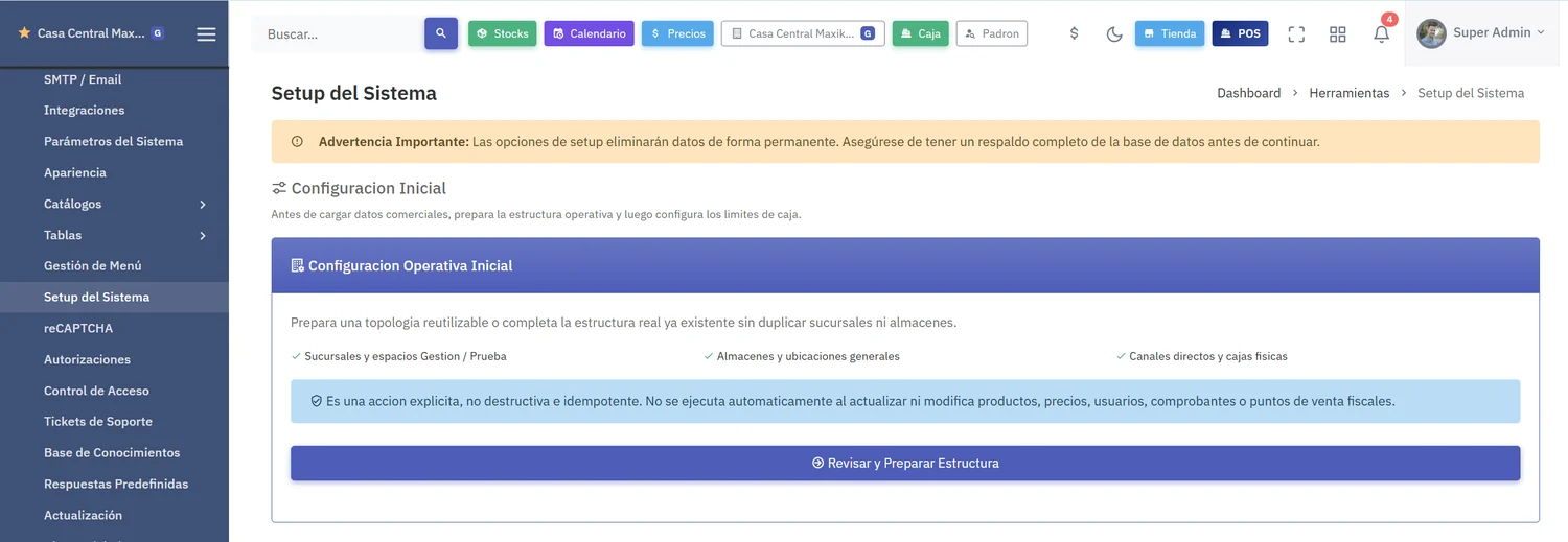 Pantalla de setup del sistema con la configuración operativa inicial, que prepara sucursales, espacios de gestión y prueba, almacenes, ubicaciones, canales y cajas físicas, indicando que es una acción explícita, no destructiva e idempotente