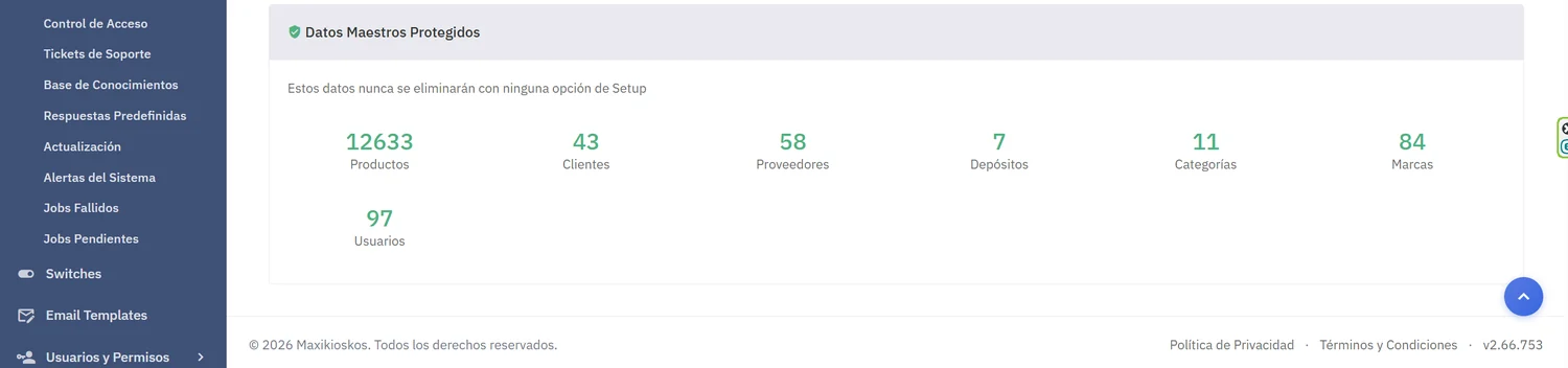 Tarjeta de datos maestros protegidos con el recuento en vivo de productos, clientes, proveedores, depósitos, categorías, marcas y usuarios, bajo la leyenda de que nunca se eliminarán con ninguna opción de setup