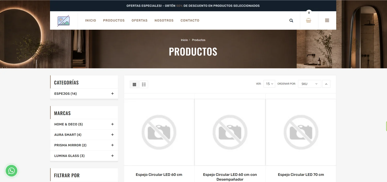 Listado de categorías de la tienda online con productos, precios y filtros