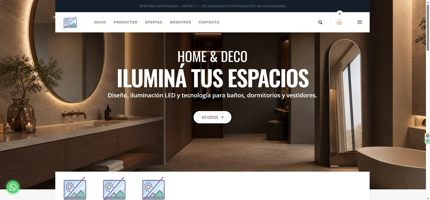 Tienda online publicada: slider de producto destacado con menú de categorías, buscador y carrito